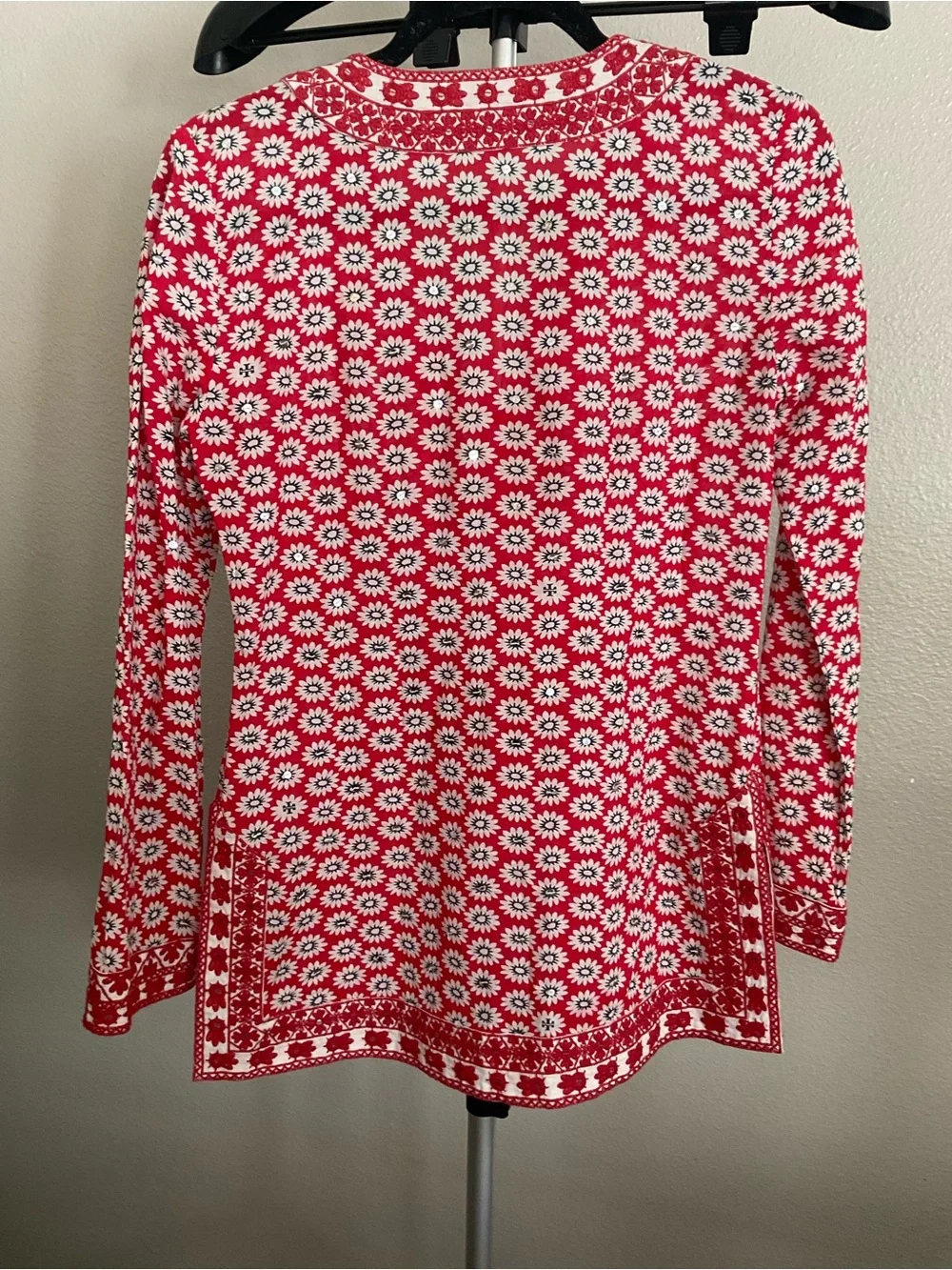 Tory Burch Jayne Nantucket Red and white Daisy Floral Embroidered Tunic blouse
